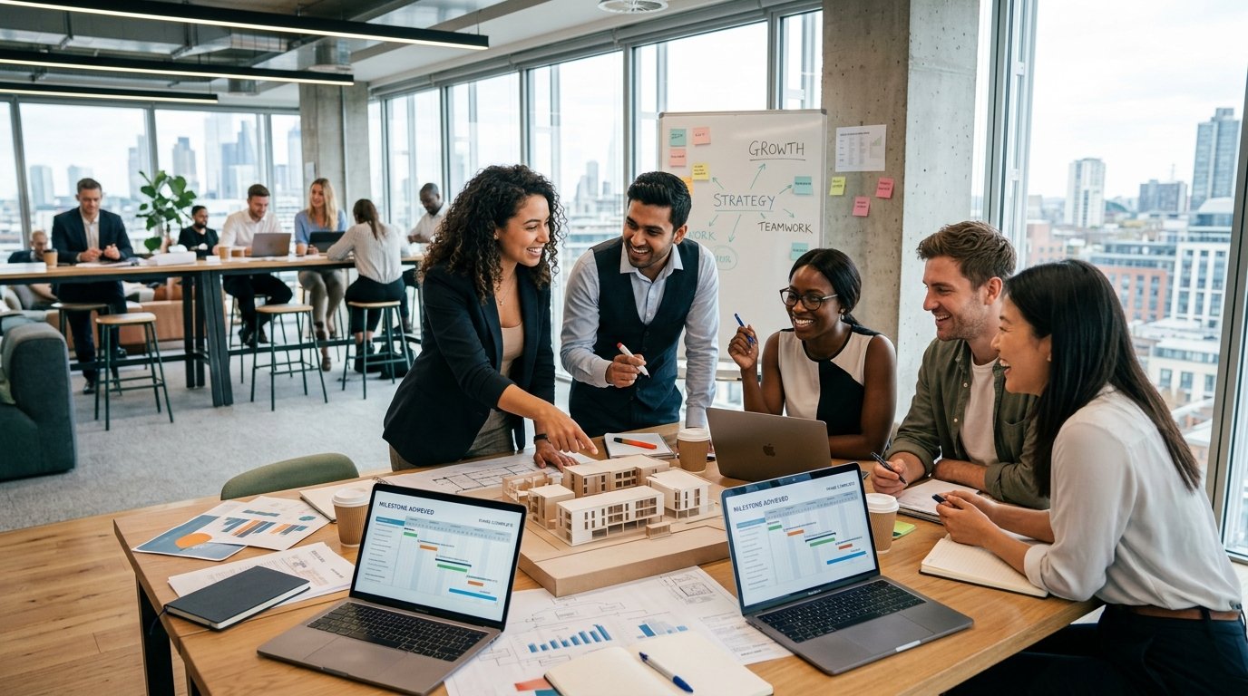 Teamwork and corporate success milestone