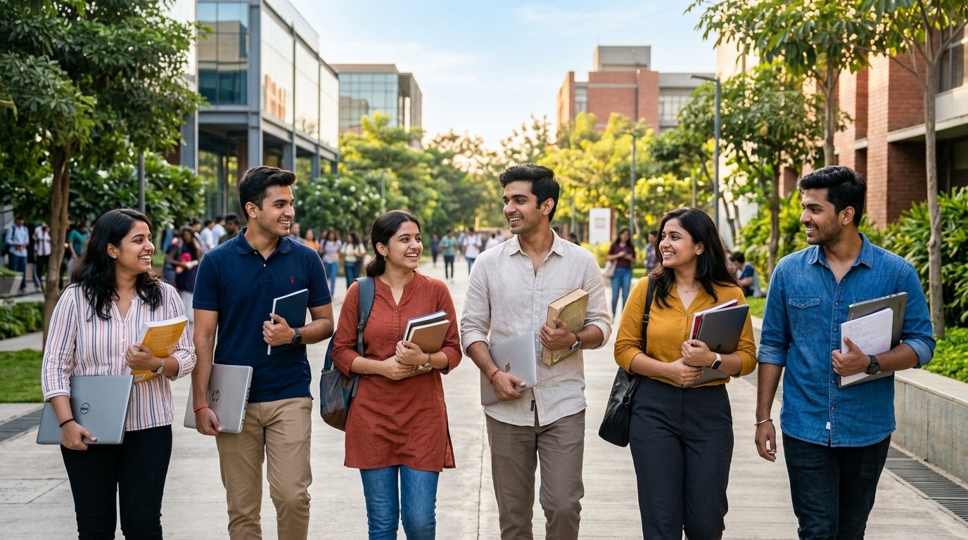 Optimistic Indian university students on a modern campus holding books and laptops